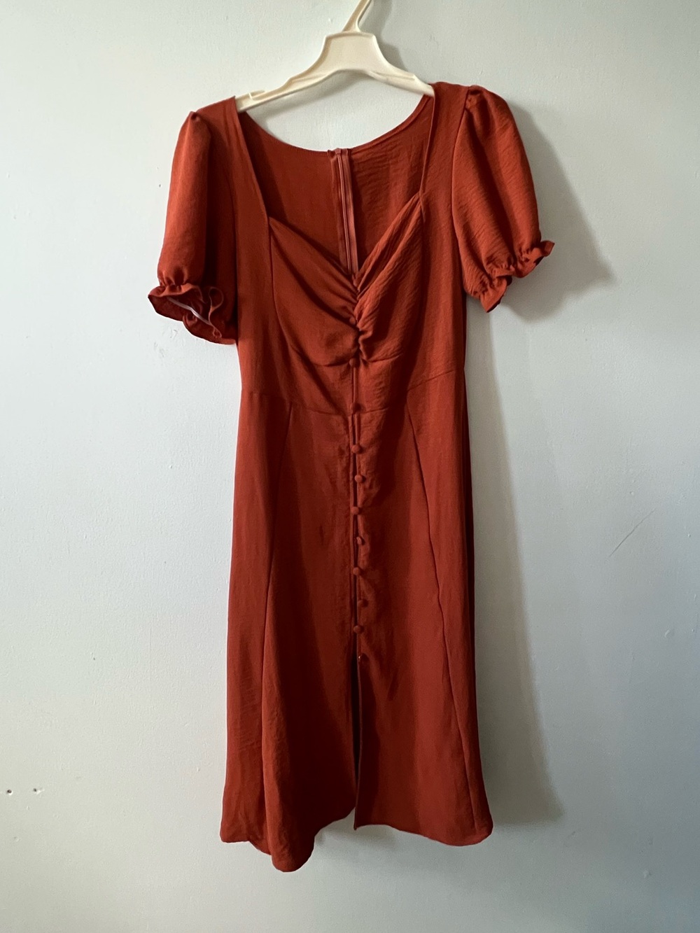 Rust Button-Front Puff Sleeve Dress